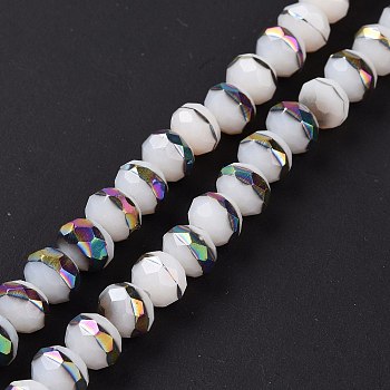 Handmade Porcelain Beads Strands, Facted, Rondelle, Half Plated, White, 8x6.5mm, Hole: 1.4mm, about 66pcs/strand, 16.77 inch(42.6cm)