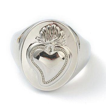 Brass Cuff Rings, Open Rings, Oval with Sacred Heart, Platinum, US Size 6(16.5mm)