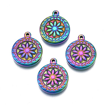 Ion Plating(IP) 304 Stainless Steel Pendants, Cadmium Free & Nickel Free & Lead Free, Flat Round with Flower, Rainbow Color, 18x15x2.5mm, Hole: 1.2~1.4mm