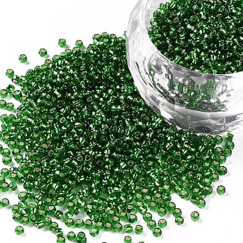 12/0 Grade A Round Glass Seed Beads, Silver Lined, Green, 12/0, 2x1.5mm, Hole: 0.3mm, about 30000pcs/bag