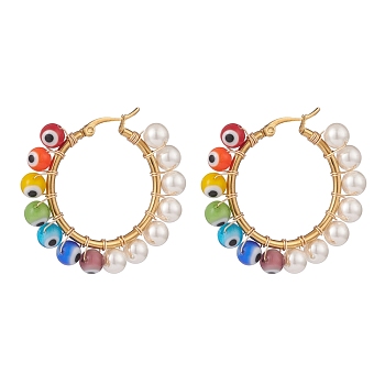 Shell Pearl & Evil Eye Lampwork Beaded Hoop Earrings, Gold Plated 304 Stainless Steel Wire Wrap Jewelry for Women, Colorful, 40x41x6mm, Pin: 0.6mm