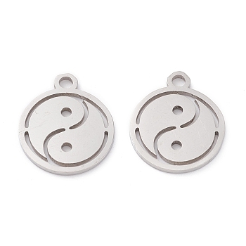 201 Stainless Steel Pendants, Laser Cut, Manual Polishing, Flat Round with Yin Yang, Stainless Steel Color, 14x12x1mm, Hole: 1.6mm