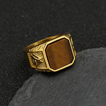 304 Stainless Steel with Natural Tiger Eye Finger Rings, Square, Golden, US Size 10(19.8mm)