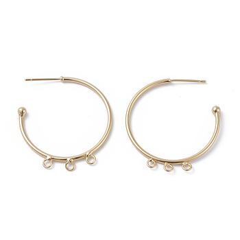 Brass Stud Earring Findings, Half Hoop Earrings, with Loop, Ring, Golden, 30x1.5mm, Hole: 1.6mm, Pin: 0..7mm