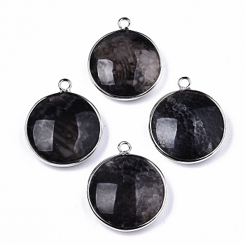 Natural Crackle Agate Pendants, with Platinum Plated Brass Findings, Dyed & Heated, Flat Round, Black, 27~28x23~24x7~9.5mm, Hole: 2mm