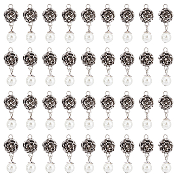 Elite ABS Plastic Imitation Pearl Round Pendants and Tibetan Style Findings, Rose, Antique Silver, White, 30mm, Hole: 2mm, 36pcs/box