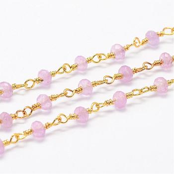 Natural White Jade Beaded Chains, Handmade Chains, with Spool, Unwelded, Dyed, Faceted Rondelle, with Brass Findings, Golden, Pink, 4x3mm, about 16.4 Feet(5m)/roll