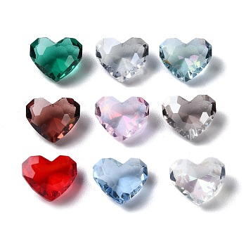 Transparent Glass Rhinestone Cabochons, Faceted, Heart, Pointed Back, Mixed Color, 9.5x12x5.5mm
