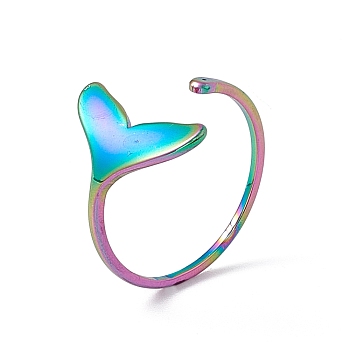 Ion Plating(IP) 201 Stainless Steel Whale Tail Shape Open Cuff Ring for Women, Rainbow Color, US Size 6 1/2(16.9mm)