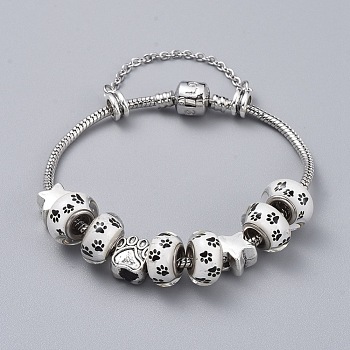 Brass European Bracelets, with 304 Stainless Steel Rolo Chains, Glue Glass and Tibetan Style Alloy European Beads, with Cardboard Packing Box, Paw Print and Star, White, 7-1/2 inch(19cm)