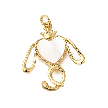 Rack Plating Brass Pave Natural Shell Pendants, Heart Rabbit Charms with Jump Rings, Long-Lasting Plated, Lead Free & Cadmium Free, Real 18K Gold Plated, 23x25x2.5mm, Hole: 3mm