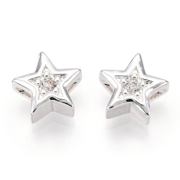 Brass Micro Pave Cubic Zirconia Beads, Star, 925 Sterling Silver Plated, 8x8.5x3mm, Hole: 1mm