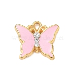 304 Stainless Steel Micro Pave Clear Cubic Zirconia Pendants, Butterfly Charms, with Enamel, Golden, Pink, 12x13.5x2.5mm, Hole: 1.4mm(SA-CBA8A4A-03A-G)