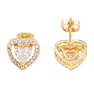 Cubic Zirconia Heart Stud Earrings, Golden Brass Jewelry for Women, Nickel Free, Clear, 10x10.5mm, Pin: 0.7mm(EJEW-N011-59B)