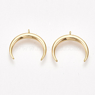 Brass Charms, Double Horn/Crescent Moon, Nickel Free, Real 18K Gold Plated, 13x14x1mm, Hole: 0.8mm(KK-S350-362)