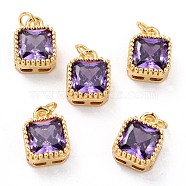 Real 18K Gold Plated Brass Inlaid Cubic Zirconia Charms, with Jump Ring, Long-Lasting Plated, Square, Purple, 9.5x7x4mm, Jump Ring: 4x0.5mm, 2.5mm Inner Diameter(ZIRC-L100-073G-05)