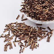 Glass Twisted Bugle Beads, Metallic Colours,Camel, 9x2mm, Hole: 0.5mm, about 777pcs/50g(X-SEED-E002-9mm-881#)