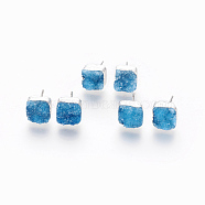 Natural Dyed Druzy Quartz Stud Earrings, with 304 Stainless Steel Findings, Square, Silver, Dodger Blue, 10x10x6~10mm, Pin: 0.7mm(EJEW-P166-A04)
