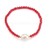 Faceted Round Glass Beaded Stretch Bracelets, with Acrylic Beads and 304 Stainless Steel Beads, Red, Inner Diameter: 2-1/8 inch(5.5cm)(BJEW-JB05986-04)