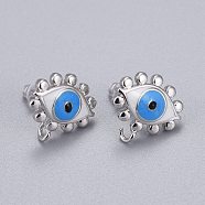 Brass Stud Earring Findings, with Enamel and Plastic Ear Nuts, Long-Lasting Plated, Evil Eye, Real Platinum Plated, 12.5x13mm, Hole: 1.2mm, Pin: 0.9mm(EJEW-K083-10P)
