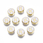 Alloy Enamel Beads, Cadmium Free & Lead Free, Light Gold, Flat Round with Alphabet, White, Letter.K, 8x4mm, Hole: 1.5mm(ENAM-N052-006-01K-RS)