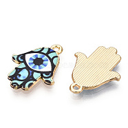 Printed Light Gold Tone Alloy Pendants, Hamsa Hand with Eye Charms, Turquoise, 23x18x2mm, Hole: 1.4mm(ENAM-N056-206M)
