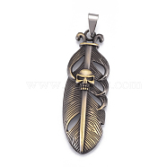 Tibetan Style Alloy Pendants, with Stainless Steel Findings, Feather with Skull, Antique Bronze, 54.5x19x7mm, Hole: 4mm(PALLOY-E509-35AB)