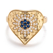 Brass Micro Pave Cubic Zirconia Cuff Rings, Open Rings, Long-Lasting Plated, Heart with Flower, Blue, Golden, US Size 6, Inner Diameter: 17mm(RJEW-I077-27G)