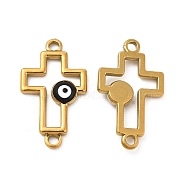 201 Stainless Steel Enamel Connector Charms, Real 24K Gold Plated, Religion Cross Links with Evil Eye, Black, 24x14x2.5mm, Hole: 1.8mm(STAS-P320-12G-01)