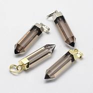 Natural Smoky Quartz Pointed Pendants, with Brass Findings, Dyed & Heated, Long-Lasting Plated, Bullet, Mixed Color, 28.5~29x6.5mm, Hole: 3.5x6mm(G-G720-11)