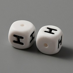 Food Grade Eco-Friendly Silicone Beads, White Cube with Black Letter, Letter.H, 12x12x12mm, Hole: 2mm(SIL-TAG0001-01H)