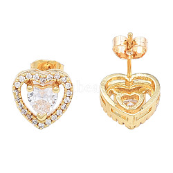 Cubic Zirconia Heart Stud Earrings, Golden Brass Jewelry for Women, Nickel Free, Clear, 10x10.5mm, Pin: 0.7mm(EJEW-N011-59B)
