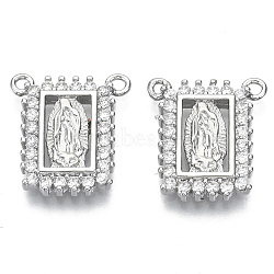 Brass Micro Pave Cubic Zirconia Pendants, Lady of Guadalupe Charms, for Religion, Nickel Free, Rectangle with Virgin Mary, Clear, Real Platinum Plated, 16x14x2.5mm, Hole: 1.2mm(ZIRC-S061-196P-NF)