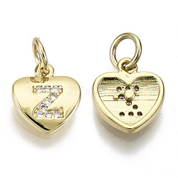Brass Micro Pave Clear Cubic Zirconia Charms, with Jump Ring, Heart with Letter, Real 16K Gold Plated, Nickel Free, Letter.Z, 10x9x2mm, Jump Ring: 5x1mm, 3mm inner diameter(KK-N227-34Z-NF)