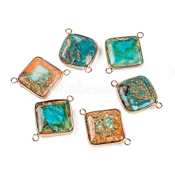 Dyed Natural Imperial Jasper Connector Charms, Golden Tone Brass Rhombus Links, Random Color, 33~35x25~27x6~7mm, Hole: 2.3~2.5mm(G-B083-02G)