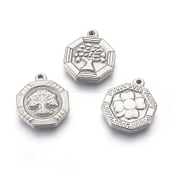 304 Stainless Steel Pendants, Octagon with Tree of Life or Clover, Stainless Steel Color, 18x15x3mm, Hole: 1.4mm(STAS-E444-20)