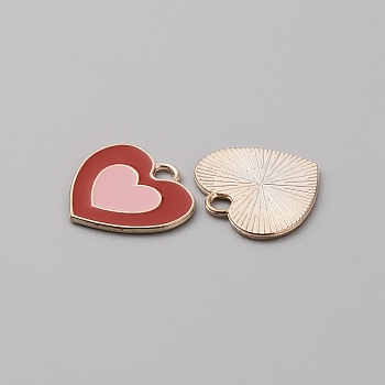 Alloy Enamel Pendants, Heart Charm, Golden, Pink, 19x20x1mm, Hole: 2.8mm