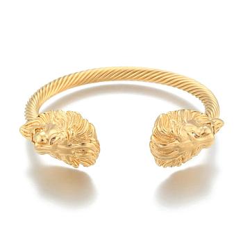316 Surgical Stainless Steel Cuff Bangles, Lion Head, with Rhinestone, Golden, 54mm