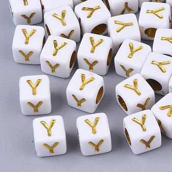 Plating Acrylic Beads, Horizontal Hole, Golden Metal Enlaced, Alphabet Style, Cube, Letter.Y, 5.5~6x5.5~6x5.5~6mm, Hole: 3.5mm, about 3000pcs/500g