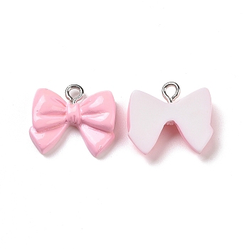 Opaque Resin Pendants, with Platinum Tone Iron Loops, Bowknot Charm, Pink, 15.5x17.5x5.5mm, Hole: 2mm