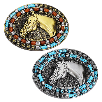 2Pcs 2 Style Zinc Alloy Smooth Buckles, Belt Fastener for Men, with Synthetic Turquoise, Oval with Cowboy Hat & Horse, Antique Bronze, 73.5~75x99~101x28mm, 1pc/style