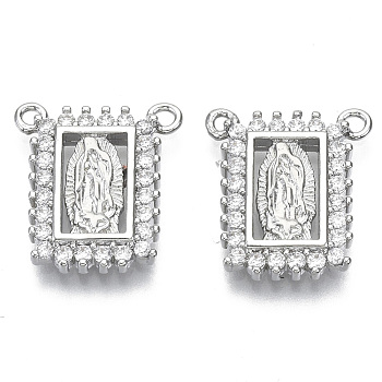Brass Micro Pave Cubic Zirconia Pendants, Lady of Guadalupe Charms, for Religion, Nickel Free, Rectangle with Virgin Mary, Clear, Real Platinum Plated, 16x14x2.5mm, Hole: 1.2mm