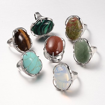Adjustable Oval Brass Gemstone Wide Band Rings, Natural & Synthetic Mixed Stone, 17mm, Tray: 28x22mm