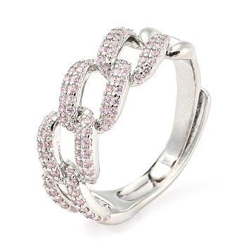 Curb Chains Shape Cubic Zirconia Adjustable Rings, Platinum Brass Ring, Lead Free & Cadmium Free, Flamingo, Inner Diameter: 18.2mm
