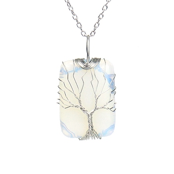 Opalite Pendant Necklace with Brass Cable Chains, Rectangle with Tree, 20.47 inch(52cm)