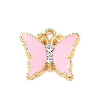 304 Stainless Steel Micro Pave Clear Cubic Zirconia Pendants, Butterfly Charms, with Enamel, Golden, Pink, 12x13.5x2.5mm, Hole: 1.4mm