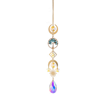 Glass Teardrop Hanging Suncatcher Prism Ornament, with Synthetic Turquoise Chips Tree of Life and Metal Link, for Home Garden Car Decoration, 420mm