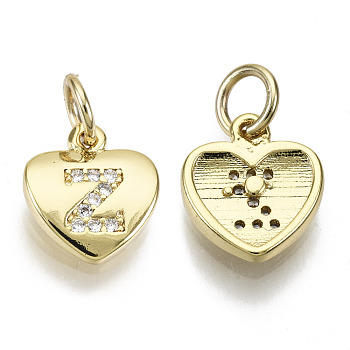 Brass Micro Pave Clear Cubic Zirconia Charms, with Jump Ring, Heart with Letter, Real 16K Gold Plated, Nickel Free, Letter.Z, 10x9x2mm, Jump Ring: 5x1mm, 3mm inner diameter