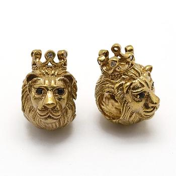 Brass Beads, Nickel Free, with Cubic Zirconia, Large Hole Beads, Lion with Crown, Raw(Unplated), 14x9.5x12.5mm, Hole: 5mm