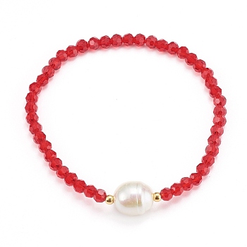Faceted Round Glass Beaded Stretch Bracelets, with Acrylic Beads and 304 Stainless Steel Beads, Red, Inner Diameter: 2-1/8 inch(5.5cm)